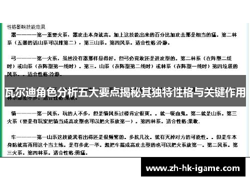 瓦尔迪角色分析五大要点揭秘其独特性格与关键作用